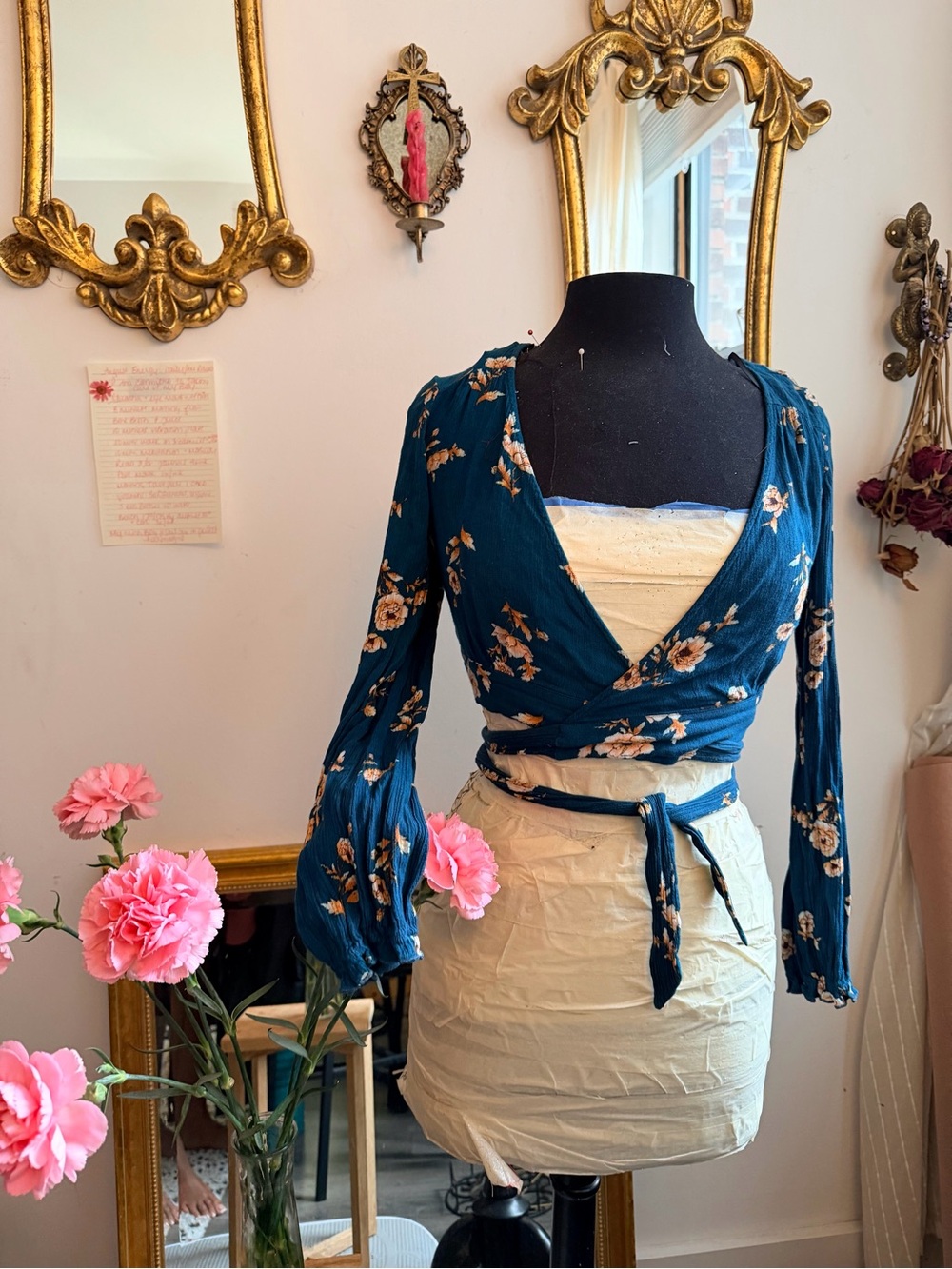 Forever 21 Teal Floral Wrap Crop Top